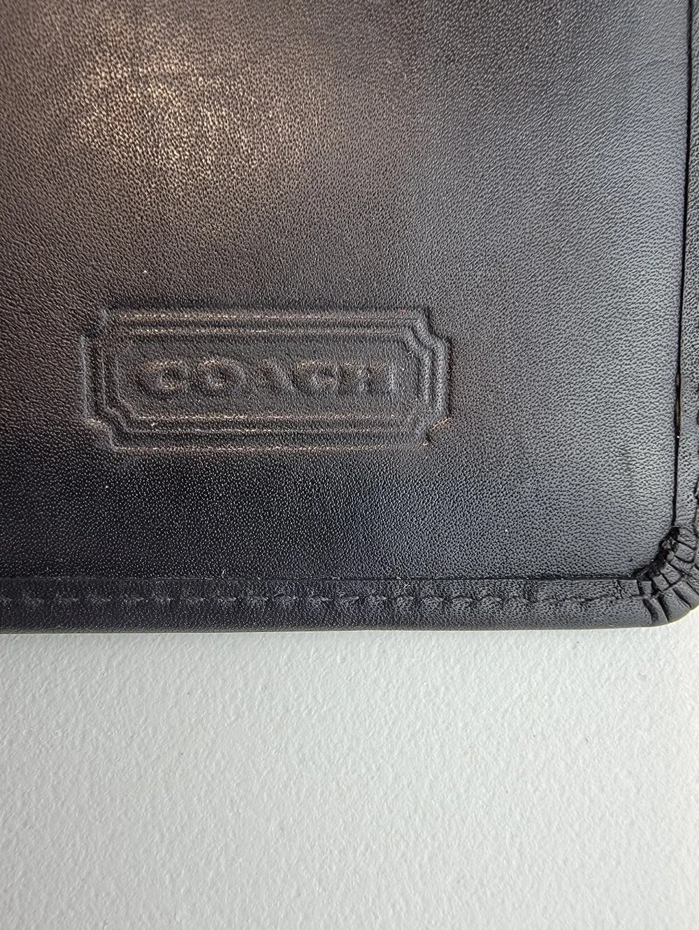 Vtg. Coach New York Trifold Checkbook Wallet Black Glove Leather Stamped Logo